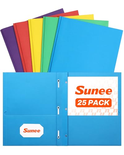 SUNEE 2 Pocket Folders with Prongs (25 Pack, Assorted Colors), Paper Folders with 2 Pockets and 3 Prongs Fit Letter Size Paper, Folders with Prongs for School Office Home Business - color: Multicolored