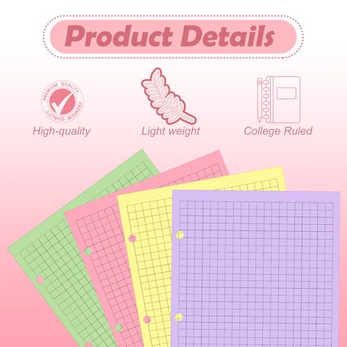 100 sheet Half Letter Graph Paper Refill 3 Hole Punch 5-1/2 x 8-1/2 College Ruled Grid Paper Pad Math Graph Paper Pad Colored Mini Binder Paper Planner Inserts Fits 3 Ring Binders For Office - style: Graph