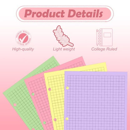 100 sheet Half Letter Graph Paper Refill 3 Hole Punch 5-1/2 x 8-1/2 College Ruled Grid Paper Pad Math Graph Paper Pad Colored Mini Binder Paper Planner Inserts Fits 3 Ring Binders For Office - style: Graph