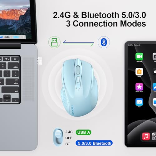 TECKNET Wireless Mouse, BT 5.0/2.4G, Rechargeable 6-DPI Silent, Lightblue | Bluetooth 5.0/3.0 & USB A, 2-Device Easy Switch, Wide OS Compatible, 6 Buttons, 6-DPI up to 4800, Ergonomic for S to M Hands - color: Lightblue