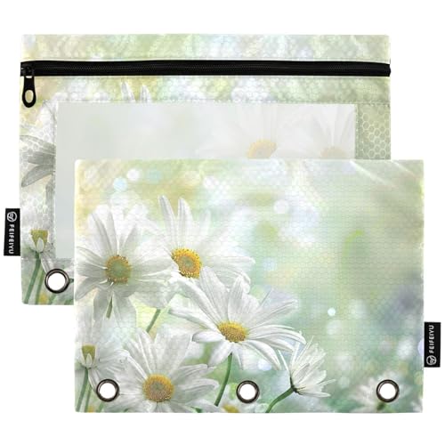 Studying 2 Pack Beautiful Natural White Daisy Flowers 3 Ring Binder Pencil Pouch Bags,Clear Window Zipper Storage Case for Boys Girls School Office Supplies Cosmetics Organizers - color: Multi-daisy