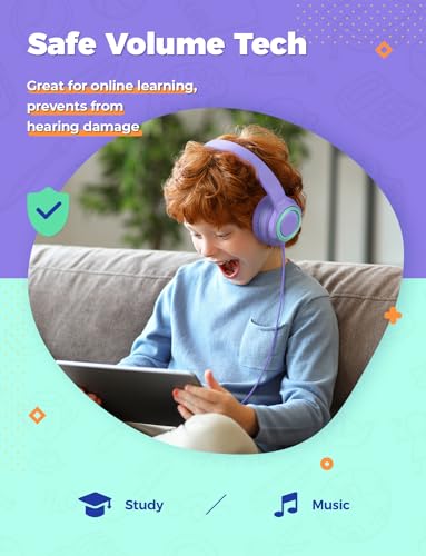 iClever 2Pack Kids Headphones with Sharing Splitter - 85dBA Safe Volume Limited - HS22 Wired Headphones for Kids Teens, Tangle-Free 3.5mm Jack Foldable Stereo Headphone for School/Tablet/Travel - color: Purple & Green