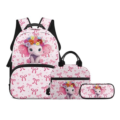 Lightweight Kids Bookbag Set with Insulated Lunch Bag and Pencil Case, Elephant 3-in-1 School Backpack Lunchbox Pouch for Girls Elementary, Durable Student Book Bag - color: Pink Bows-elephant