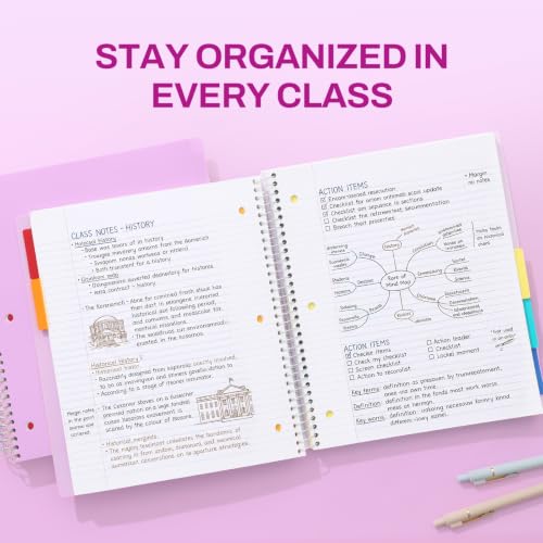 SUNEE 5 Subject Notebook College Ruled - 400 Pages, 9"x11", 5 Pocket Colored Dividers, 3-Hole Punched Paper, Purple - color: Purple, style: College Ruled