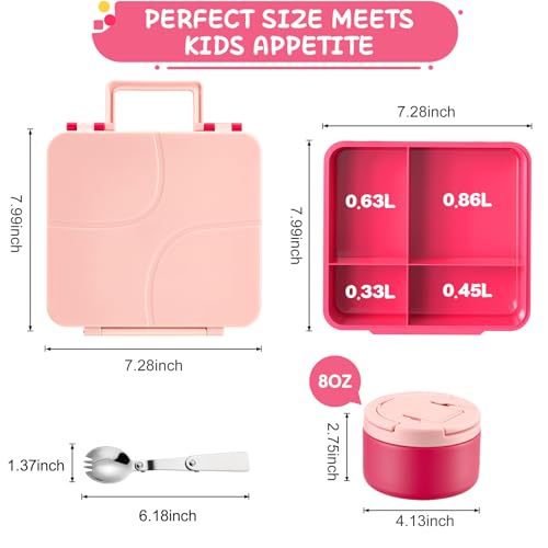 MAXSO Bento Lunch Box Set for Kids with 8 oz Soup Thermo, Leakproof Hot Food Container with 4 Compartments, Insulated Food Jar for Toddler Daycare Boys Girls School - Pink - color: Pink