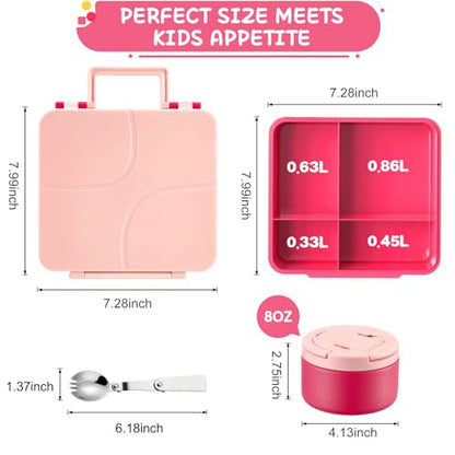 MAXSO Bento Lunch Box Set for Kids with 8 oz Soup Thermo, Leakproof Hot Food Container with 4 Compartments, Insulated Food Jar for Toddler Daycare Boys Girls School - Pink - color: Pink