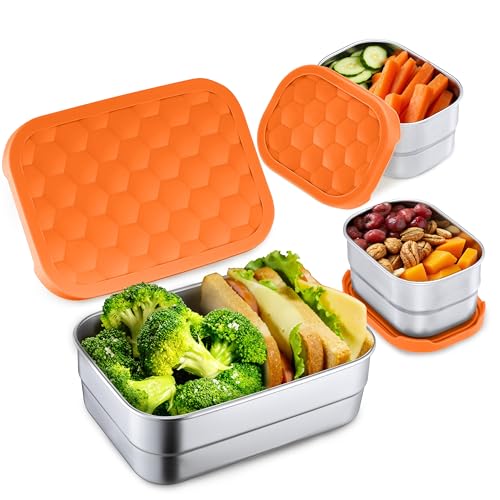 Homikit 3 Pack Kids Lunch Box Set, 18/10 Stainless Steel Bento Boxes with Silicone Lids Leak Proof, 5 Cups Reusable Metal Food Snack Containers for School Daycare, Nontoxic & Dishwasher Safe, Orange - color: Orange, size: Medium
