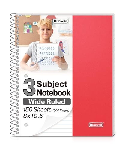 Dunwell 3-Subject Spiral Notebook, (Red) Plastic Cover, 150 Sheets (300 Pages) Wide Ruled 8x10.5 Paper, 3-Hole Punched Perforated Pages, 3 Divider Folders with Pockets - color: Red