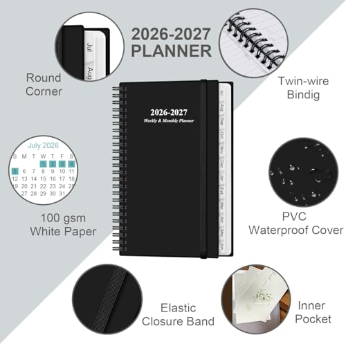 2026-2027 Pocket Planner/Calendar - 2026-2027 Planner from July 2026 - June 2027, Planner 26-27 with 12 Tabs, Twin-Wire Binding, Inner Pocket, 3.75" x 6.75, Black - color: Black, size: 3.75" x 6.75"