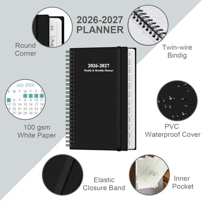 2026-2027 Pocket Planner/Calendar - 2026-2027 Planner from July 2026 - June 2027, Planner 26-27 with 12 Tabs, Twin-Wire Binding, Inner Pocket, 3.75" x 6.75, Black - color: Black, size: 3.75" x 6.75"