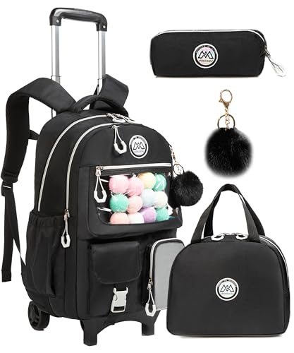Rolling Backpack for Girls Kids Backpack with Wheels Backpacks for Elementary with Lunch Box Pencil Case Trolley (Black1) - color: Black