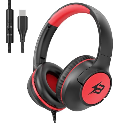 Kids Headphones Wired with USB C Plug, 85/94 dB Volume Limit Foldable USB Type C Headphones for Kids Boys Girls, Plug in Headphones Corded Over Ear Wired Headphones for School/Tablet/Travel, Black Red - color: Black Red