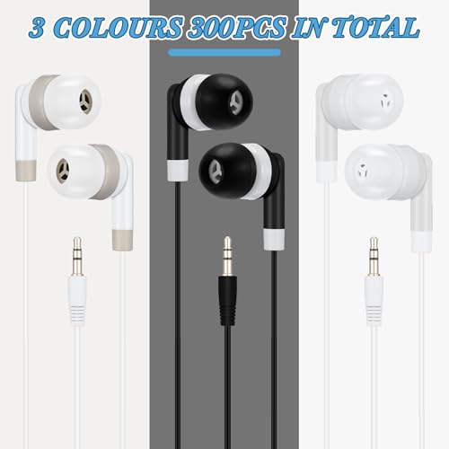 Kigeli 300 Packs Bulk Earbuds Headphones Wired Earphones for Classroom Kids Colorful in Ear Students Ear Buds with 3.5mm Jack for Laptop School Library Supplies, No Microphone (Black,White,Grey) - color: Black,White,Grey