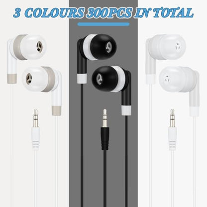 Kigeli 300 Packs Bulk Earbuds Headphones Wired Earphones for Classroom Kids Colorful in Ear Students Ear Buds with 3.5mm Jack for Laptop School Library Supplies, No Microphone (Black,White,Grey) - color: Black,White,Grey