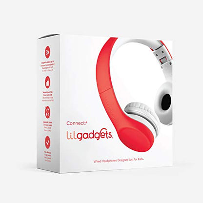 LilGadgets Connect+ Foldable Headphones, Adjustable Fit Soft Touch Padding for Kids with Mic, Volume-Limited & Noise Reduction On-Ear Wired Headset for School with SharePort - Red, Ages 3-14 - color: Red