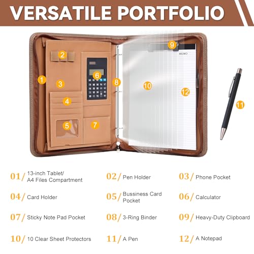 Leathario Portfolio Binder, Includes 5 Sheet Protectors and a Pen, 13 Inch Tablets Organizer, Vegan Leather A4 Padfolio, Multi-Pocket Notepad Business Planner Professional Document - color: Relief Brown