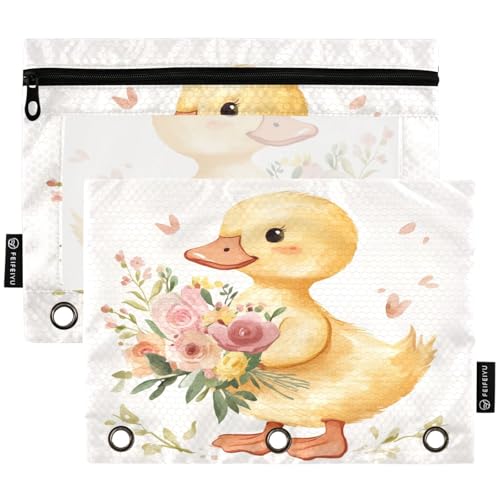 Studying 2 Pack Cute Duck with Flowers 3 Ring Binder Pencil Pouch Bags,Clear Window Zipper Storage Case for Boys Girls School Office Supplies Cosmetics Organizers - color: Multi-duck