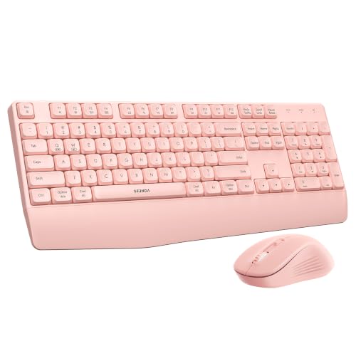 seenda Wireless Bluetooth Keyboard and Mouse Combo with Wrist Rest, Pink | USB & Bluetooth for Multi-Device Switching, Silent Keys & Clicks, Full-Size Ergonomic Combo for Windows PC Laptop Mac MacBook - color: Pink