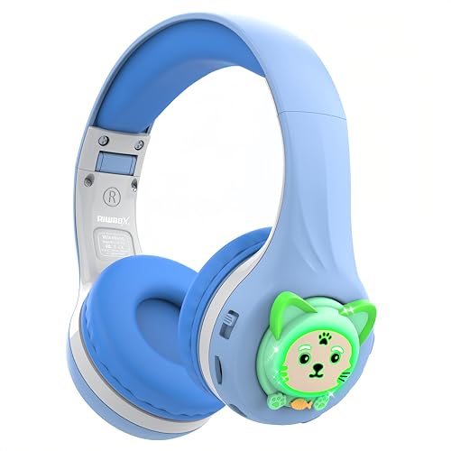 Riwbox CB-7S Kids Wireless Headphones,Gifts Suitable for Kids,74/85/95dB,LED Glow Lights,50H Playtime,Bluetooth V5.3,Built-in Mic, TF Card Slot,for Travel/School/Phone/Laptop(Blue&Grey) - color: Blue&Grey