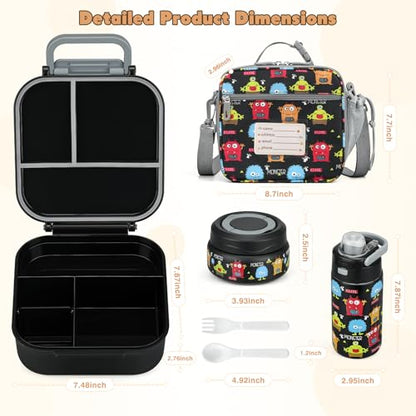 Bento Lunch Box for Kids with 7oz Soup Thermo,Insulated Stainless Steel Kids Water Bottle with Straw and Insulated Lunch Bag,Leak-Proof Lunch Food Container with Ice Pack for School(Black-Cute) - color: Black-Cute