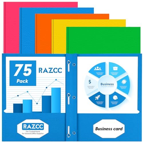 Two Pocket Folders, RAZCC 75 Pack Two Pocket Folders with Prongs, 3 Prong Folders Fit Letter Size Paper, Pocket Paper File Folders for School Office Home Business, Assorted 5 Colors - color: Assorted 5 Light Colors