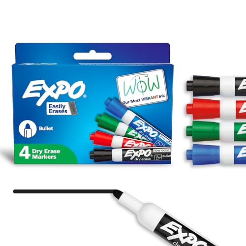 EXPO Dry Erase Markers, Low Odor Ink, Bullet Tip, 4 Count - Whiteboard, Calendar, Organization, Essential Supplies for Office, School, Classroom, Teachers