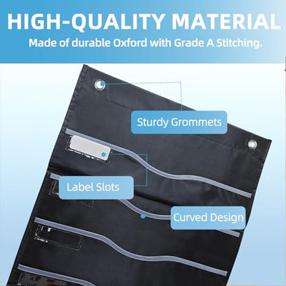 ALSLEA 11 Pockets Hanging Wall File Organizer 15" Extra Wide Pocket Chart for Classroom, Office, Home, Mail Organizer Wall Mounted with 1 Writable Clear Pocket, 5 Wall/Door Hooks & 12 Labels (Black) - size: Large (11 Pockets)