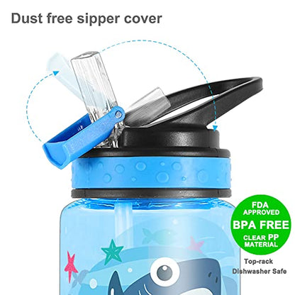15oz Water Bottle for Kids Girls Boys School, BPA Free, Leak Proof Flip Straw, Carry Loop, Easy Clean - Shark - color: Shark
