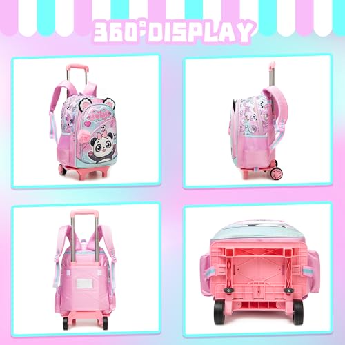 Meetbelify Girls Cute Backpack with Wheels for Elementary Students Kids Black Travel Luggage - color: Blue Panda