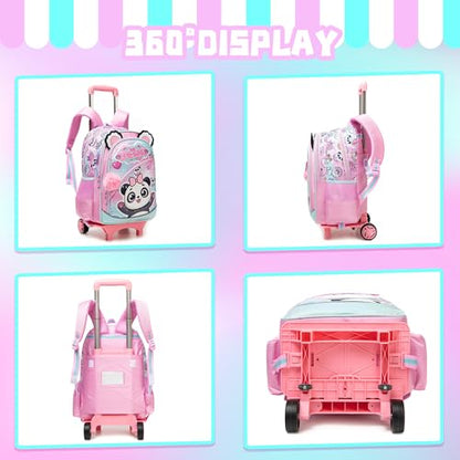 Meetbelify Girls Cute Backpack with Wheels for Elementary Students Kids Black Travel Luggage - color: Blue Panda