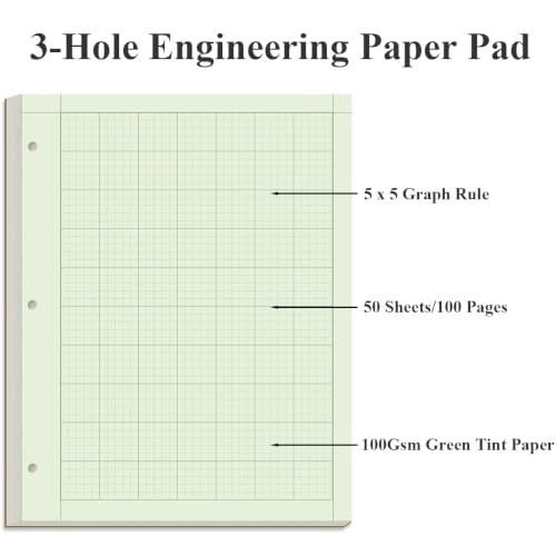 Yaridar Engineering Notebooks - 50 Sheets/100 Pages Graph Paper, 5 x 5 Graph Rule on Back, 3-Hole Engineering Computation Pad, 100 Gsm Green Tint Paper, 8-1/2" x 11" - size: 1-Pack, style: 3-Hole
