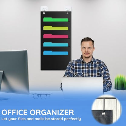 ZKOO 5 Pockets Hanging Wall File Organizer for A4 Size Paper/Legal/Letter Size Document, Sturdy Wall Mail Organizer Black Pocket Chart Great for Classroom, Office, Home Use with 2 Hangers - size: 5 Pocket