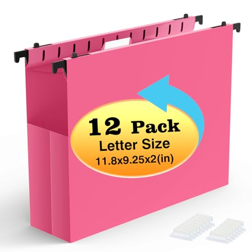 Shutex Extra Capacity Plastic Hanging File Folders,12 Pack Reinforced Expanding Hang Folder Letter Size,Accordian Pocket,Heavy Duty 2 Inch Expansion, Hard Hanging Folder Organizer for Office Home,Pink - color: Pink