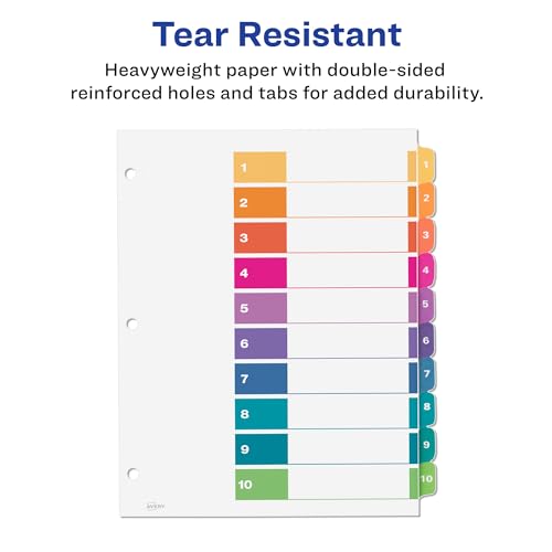 Avery 10 Tab Dividers | Multicolor Tabs | Table of Contents | For 3 Ring Binders | Pack of 48 - size: 10 tabs (Pack of 8)