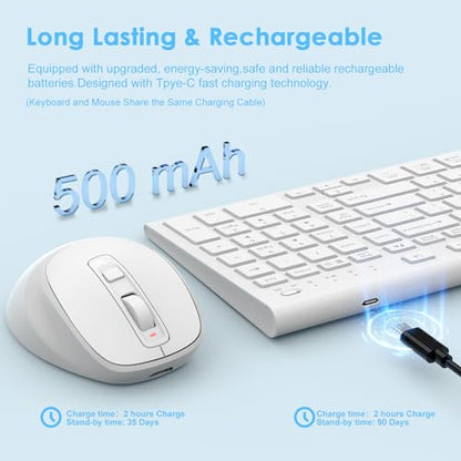 FENIFOX Wireless Keyboard and Mouse, Rechargeable USB C Combo Silent Quiet Compact Full Size Flat with Number Pad Soft Cover for Mac MacBook iMac Windows PC Laptop Computer Office - White - color: White