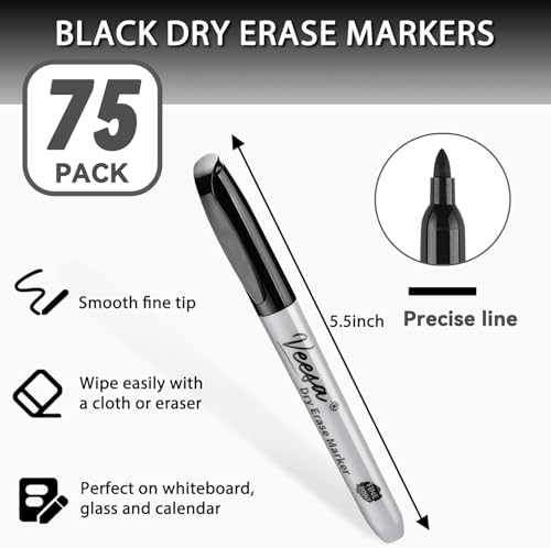 VEESA Dry Erase Markers Fine Tip, 30 Pack, Bold Black & Low-Odor | German ink, Easy to Erase, Back to School Supplies