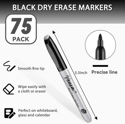 VEESA Dry Erase Markers Fine Tip, 30 Pack, Bold Black & Low-Odor | German ink, Easy to Erase, Back to School Supplies