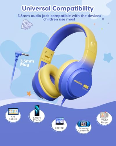 awatrue Kids Headphones, 74/85/94dB Volume Limiter, Foldable Wired Over Ear Headphones for Travel, 3.5mm Jack, Toddler Headphones for School, Chromebook, iPad, Tablet, Blue Yellow - color: Blue Yellow