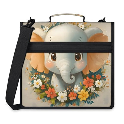 Cute Elephant Animal Zipper Binder, 3 D-Ring Expanding File Folder with Handle & Adjustable Shoulder Strap, 400 Sheets Capacity Multi-Pocket Organizer for 13 Inch Laptop - color: Cute Elephant Animal