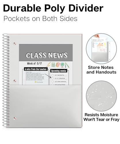 Dunwell 1 Subject Spiral Notebook (Red), Plastic Cover, 100 Sheets (200 Pages) 8x10.5 Paper, Wide Ruled for Easy Writing, 3-Hole Punched Perforated Pages, Poly Pocket Dividers - color: Red