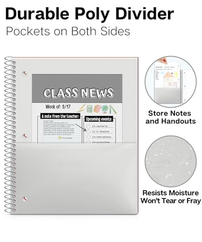 Dunwell 1 Subject Spiral Notebook (Red), Plastic Cover, 100 Sheets (200 Pages) 8x10.5 Paper, Wide Ruled for Easy Writing, 3-Hole Punched Perforated Pages, Poly Pocket Dividers - color: Red