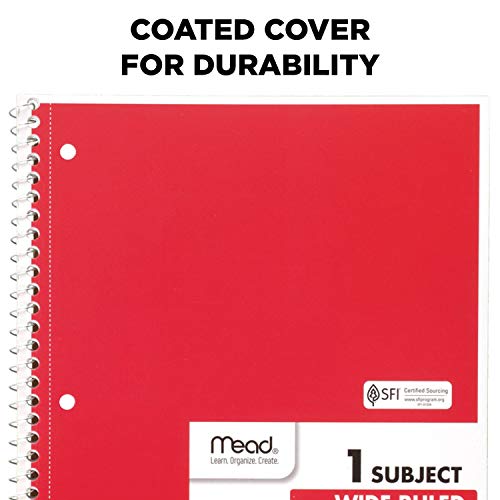 Mead Spiral Notebooks, 4 Pack, 1-Subject, Wide Ruled Paper, 10-1/2" x 7-1/2", 70 Sheets per Notebook, Red (38112) - color: Red, size: Pack of 4