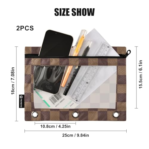 ALAZA Brown Checkerboard B Pencil Pouch for 3 Ring Binder 2 Pack Zipper Binder Pencil Bag Case with Clear Window Office Supplies - color: multi603