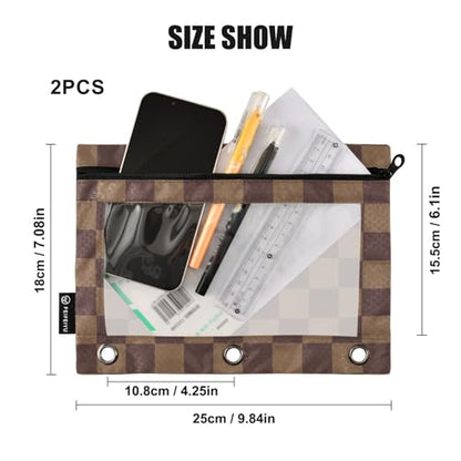 ALAZA Brown Checkerboard B Pencil Pouch for 3 Ring Binder 2 Pack Zipper Binder Pencil Bag Case with Clear Window Office Supplies - color: multi603