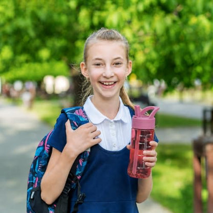 14oz Clear Kids Water Bottle with Straw Lid, BPA-Free Tritan, Measurement Scale, Sturdy Handle Wide Mouth Leak-proof Reusable Plastic Bottle for Boy& Girls, Back to School(Red) - color: Red