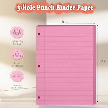 Loose Leaf Paper, 2 Pack 100 Sheets, Wide Ruled, 8" x 10.5", Reinforced Notebook Papers College Ruled, 3 Hole Punched, College Lined Filler Paper for 3 Ring Binder Notebook, School & Office, Pink - color: Pink 2