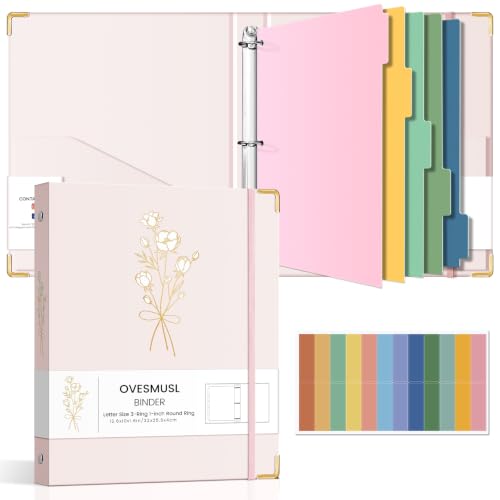 Aesthetic 3 Ring Binder 1 Inch Cute Three Round Rings Binders with Dividers Suitable for 8.5 x 11 Letter Size Paper Loose Leaf Binder with 2 Pockets for School Work - color: Light Pink
