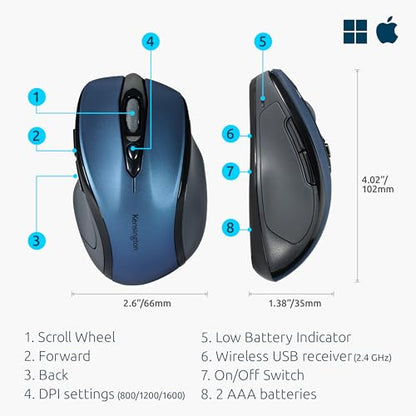Kensington Pro Fit Mid-Size Wireless Mouse, Sapphire Blue (K72421AM) | Comfortable mid-size grip, wireless connection, reliable everyday desktop and laptop use - color: Sapphire Blue