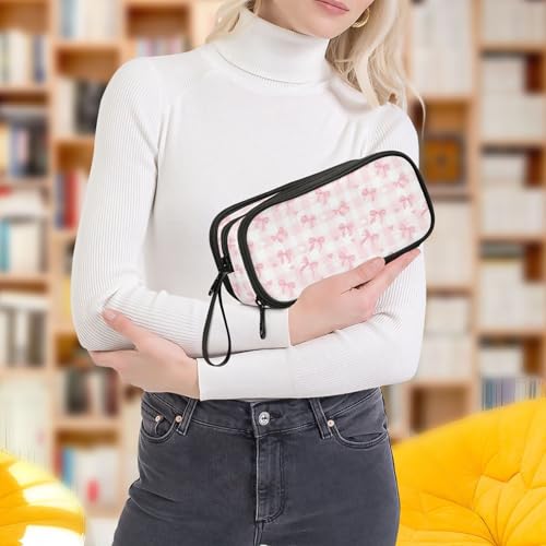 ALAZA Pink Bow Plaid Heart Large Pencil Case, Pen Pouch Pencil Bag with 3 Compartments Pen Holder Organizer Stationery Bag - color: Heart
