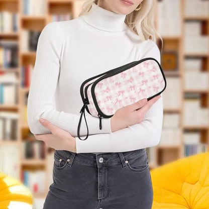 ALAZA Pink Bow Plaid Heart Large Pencil Case, Pen Pouch Pencil Bag with 3 Compartments Pen Holder Organizer Stationery Bag - color: Heart